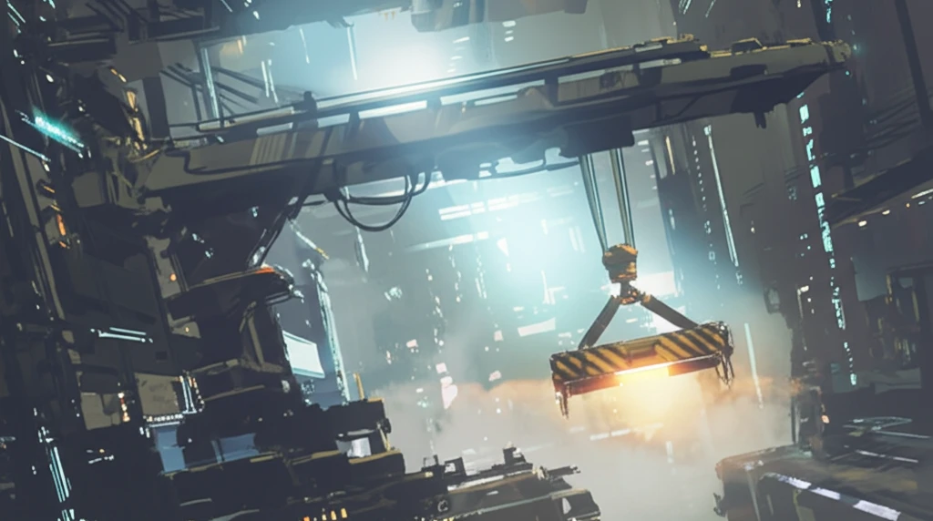 Futuristic crane smoothly lifting a glowing payload with precision.