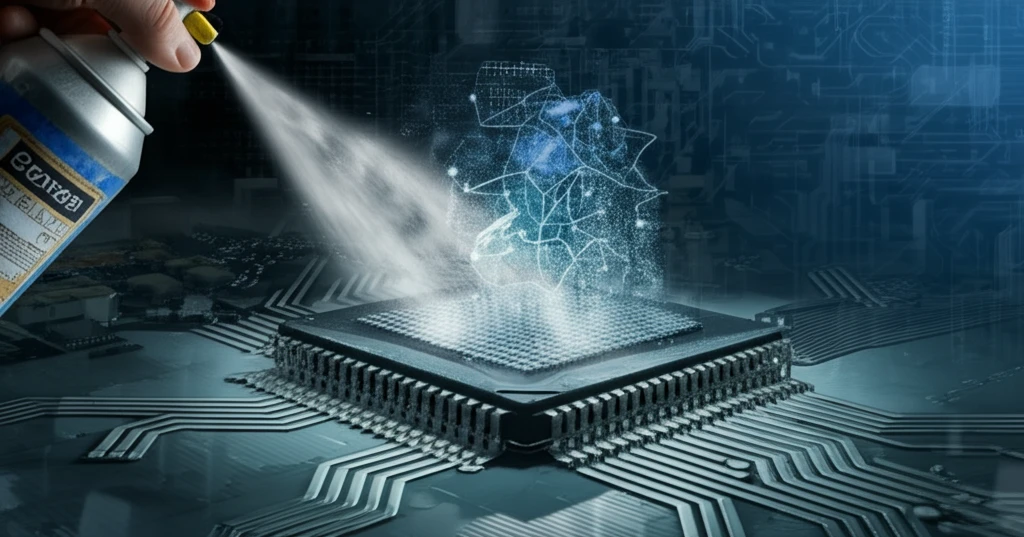 Surreal illustration of spray cooling on a microchip with alcohol additives.
