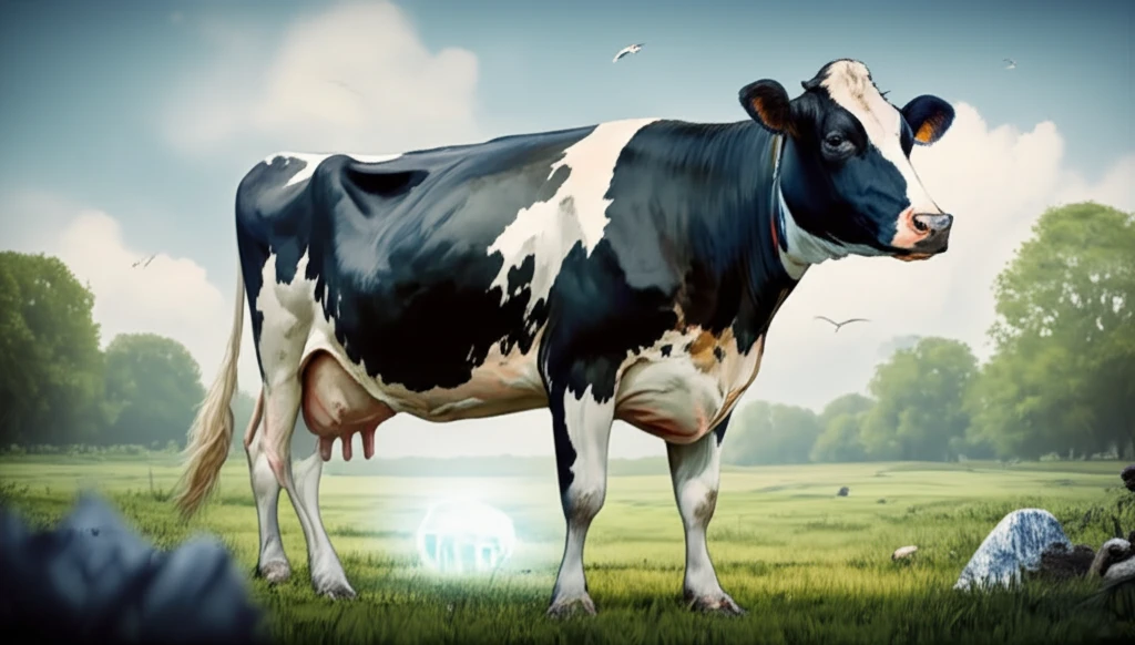 Healthy Holstein cow in pasture with mineral balance scale
