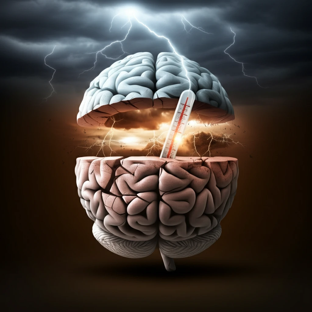 Brain with stormy landscape, symbolizing meningitis headache.