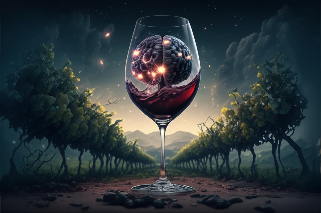 Red wine brain boost: surreal image of wine transforming into a healthy brain