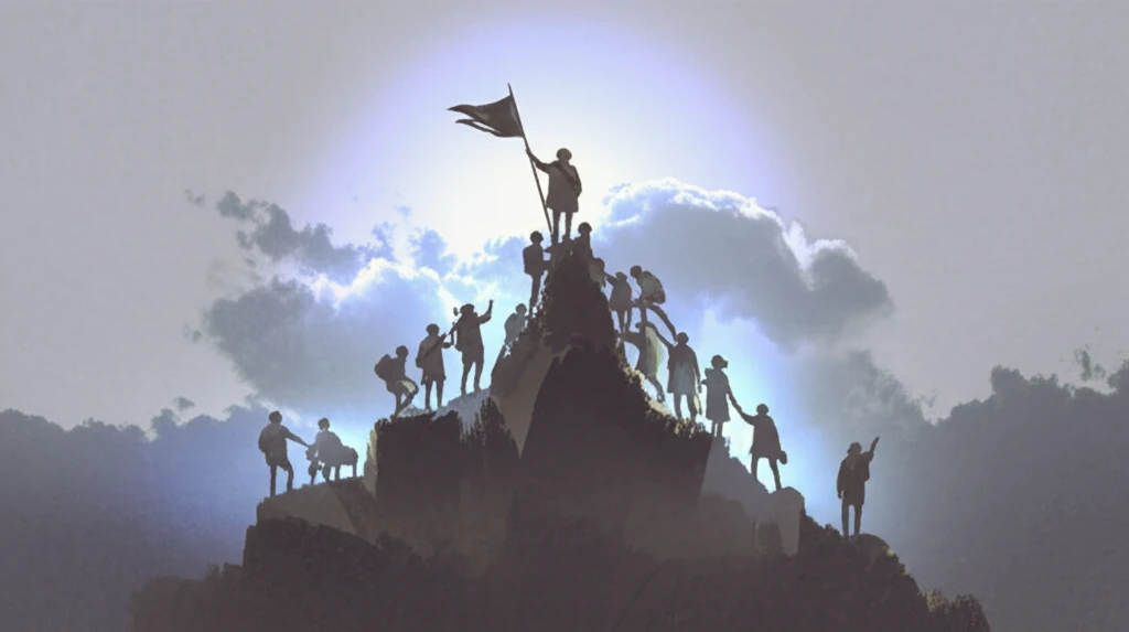 Community members supporting each other in a climb toward peace and resilience.