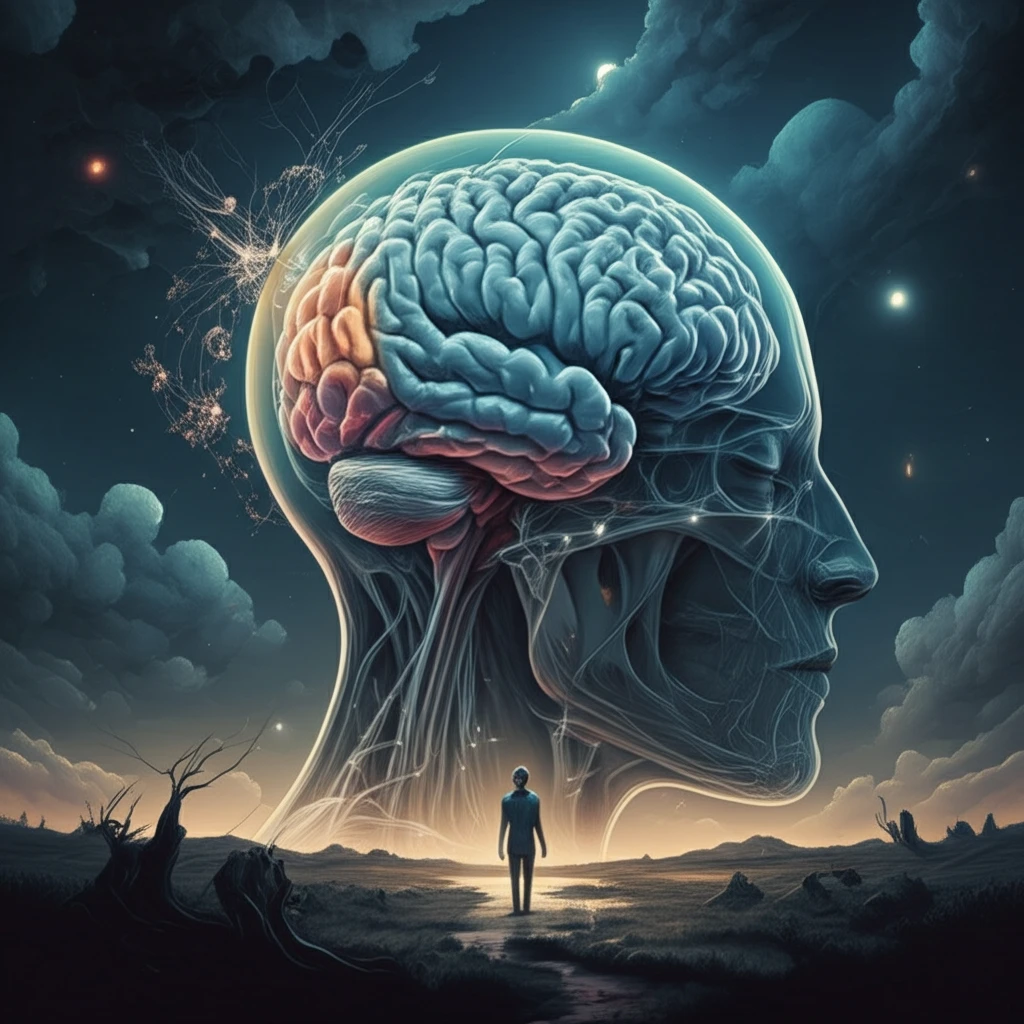 Surreal dreamscape illustrating sleepwalking and altered brain activity.