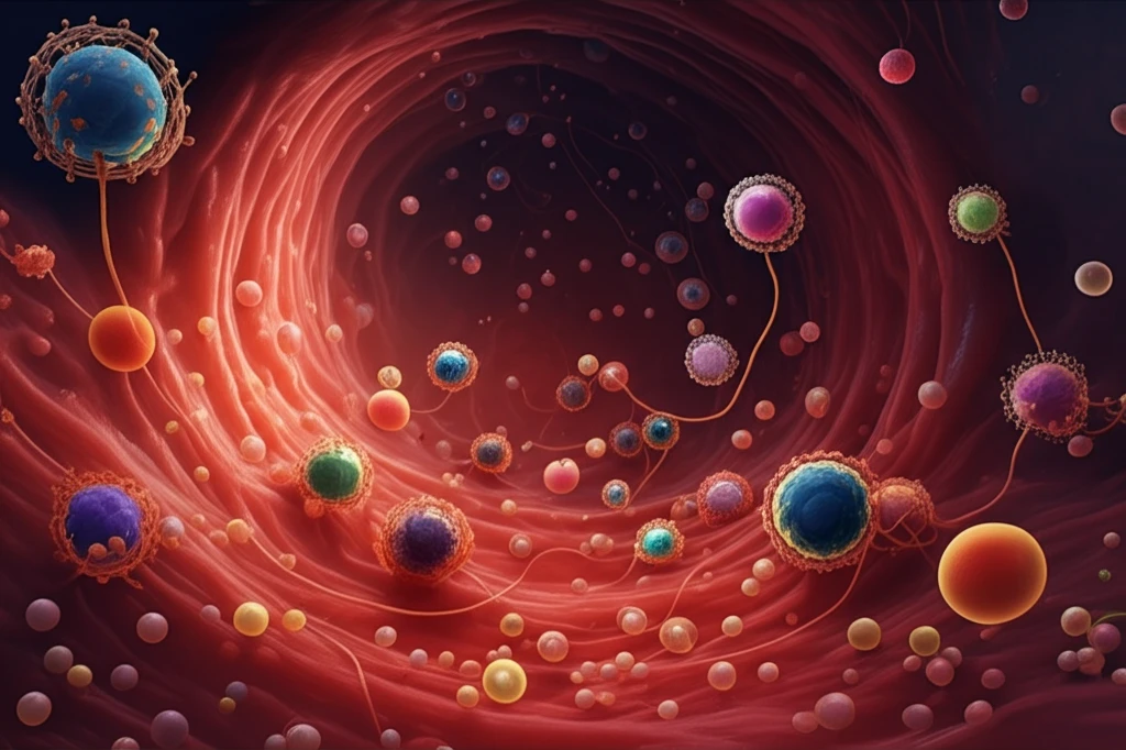 Microbubbles flowing through a bloodstream, highlighting molecular imaging.