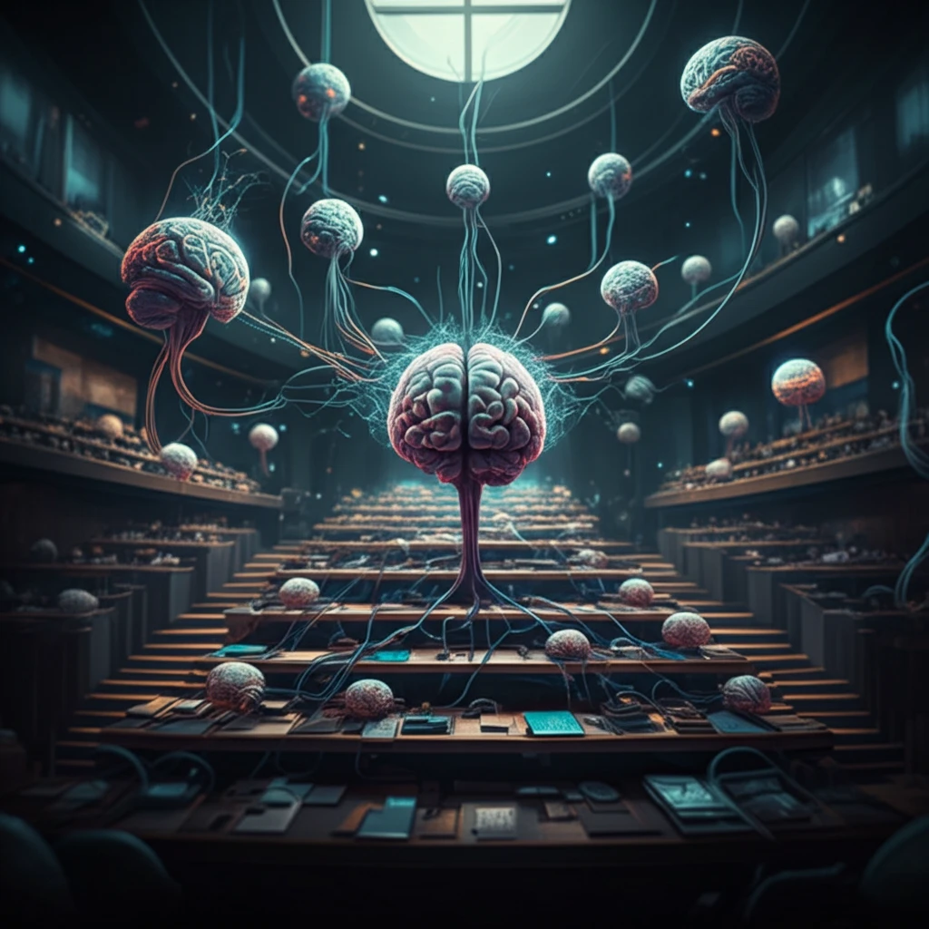 Glowing brains in a lecture hall, symbolizing active learning.