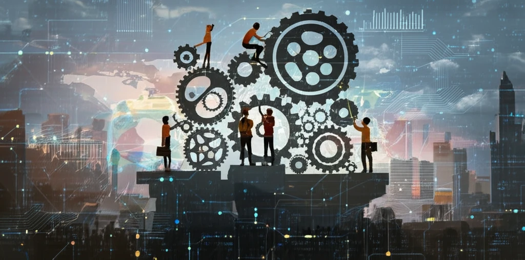 Collaborative group decision-making visualized as a team building a futuristic structure.