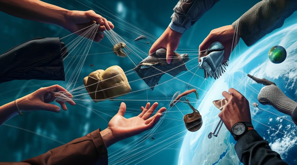 Hands exchanging objects in a collaborative consumption network.