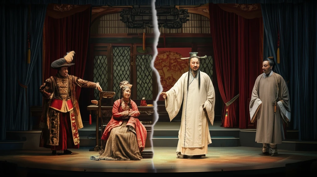 A digital illustration showing a split stage with Shakespeare and Tang Xianzu scenes merging in the middle.