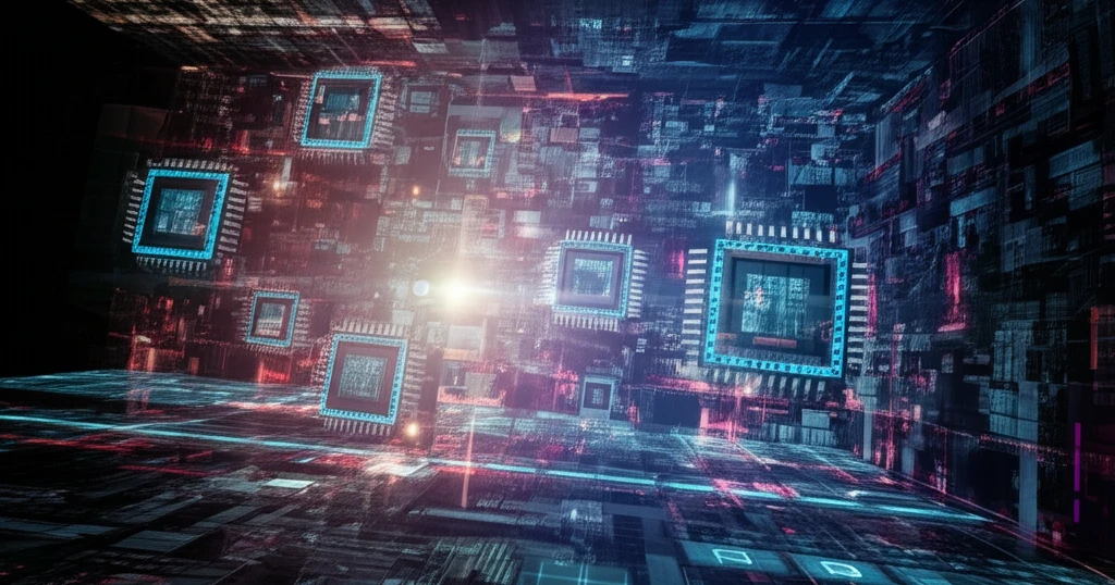 Interconnected computer chips in a data stream, symbolizing optimized computation.