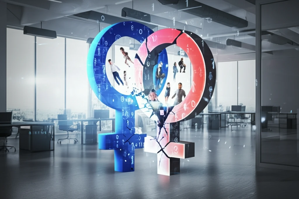 Cracked binary symbol with diverse figures emerging, symbolizing workplace inclusivity.