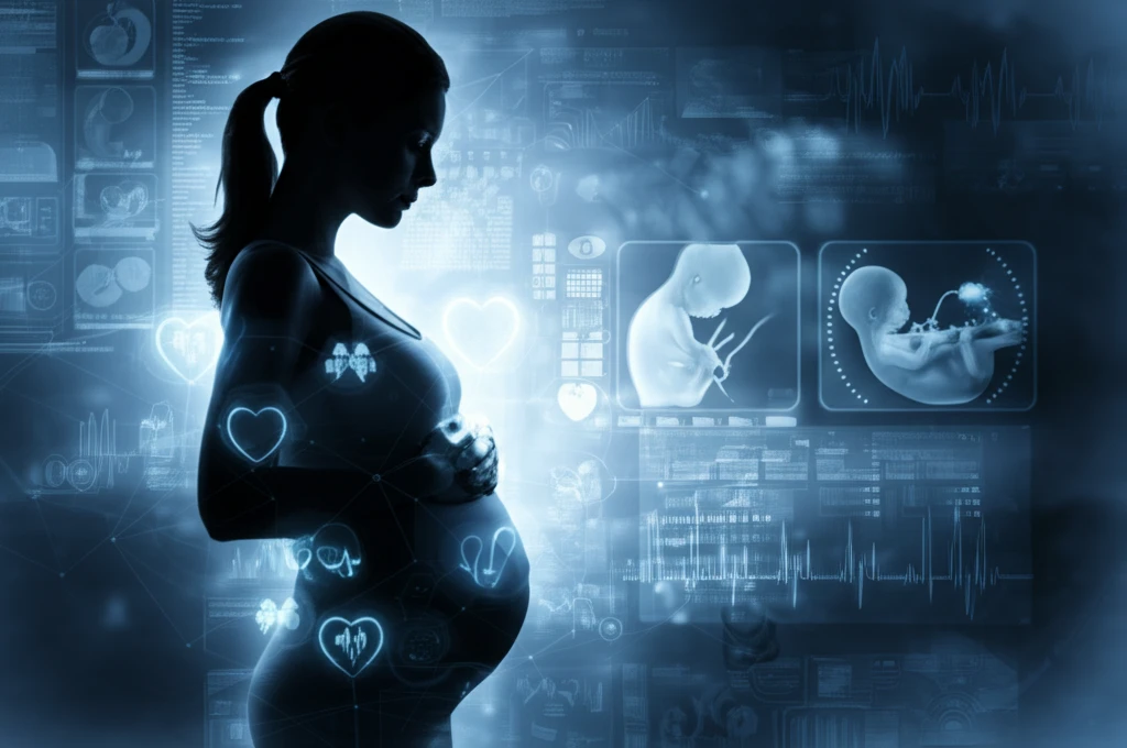 Surreal illustration of fetal monitoring technology protecting a pregnant woman and her baby.