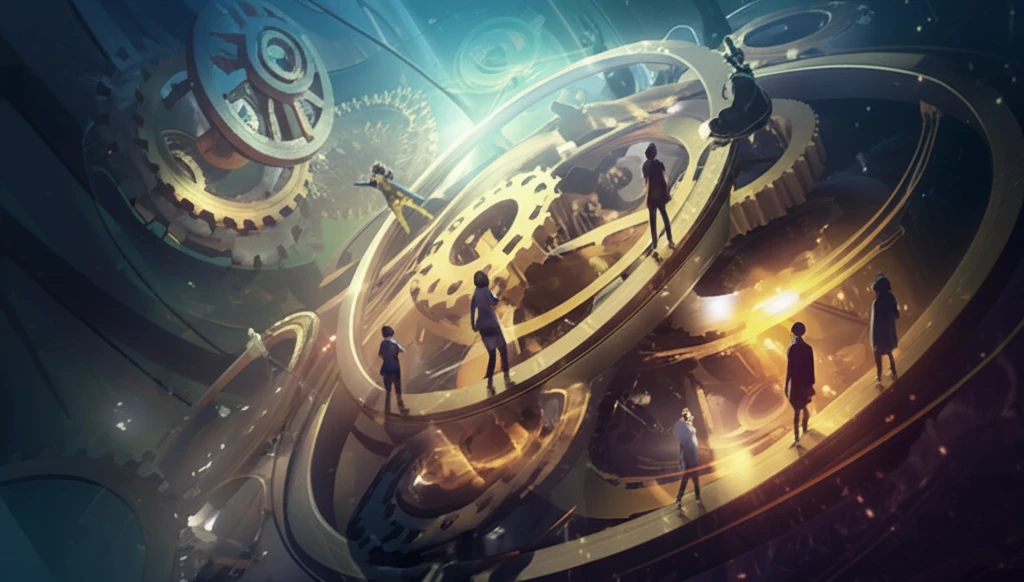 A surreal illustration symbolizing the ongoing negotiation of identities within a community of practice.