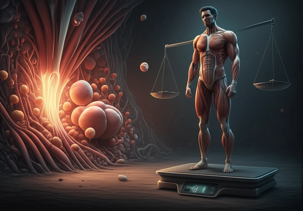 Balance of muscle and fat cells representing healthy weight loss.
