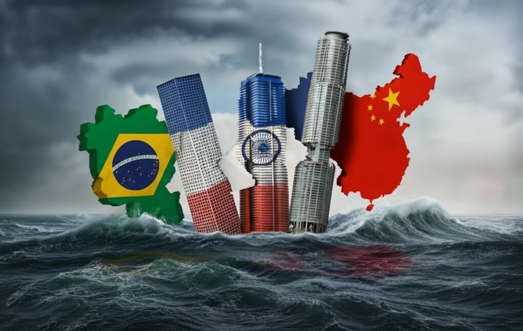 Skyscrapers symbolizing BRIC nations rising from financial waves.