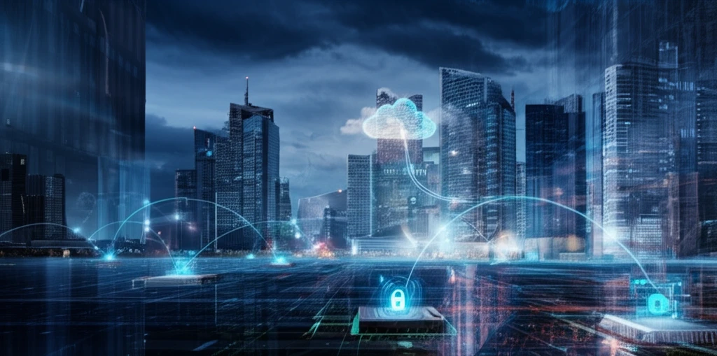 Futuristic cityscape with interconnected devices and data streams, symbolizing edge computing and IoT with secure kernels.