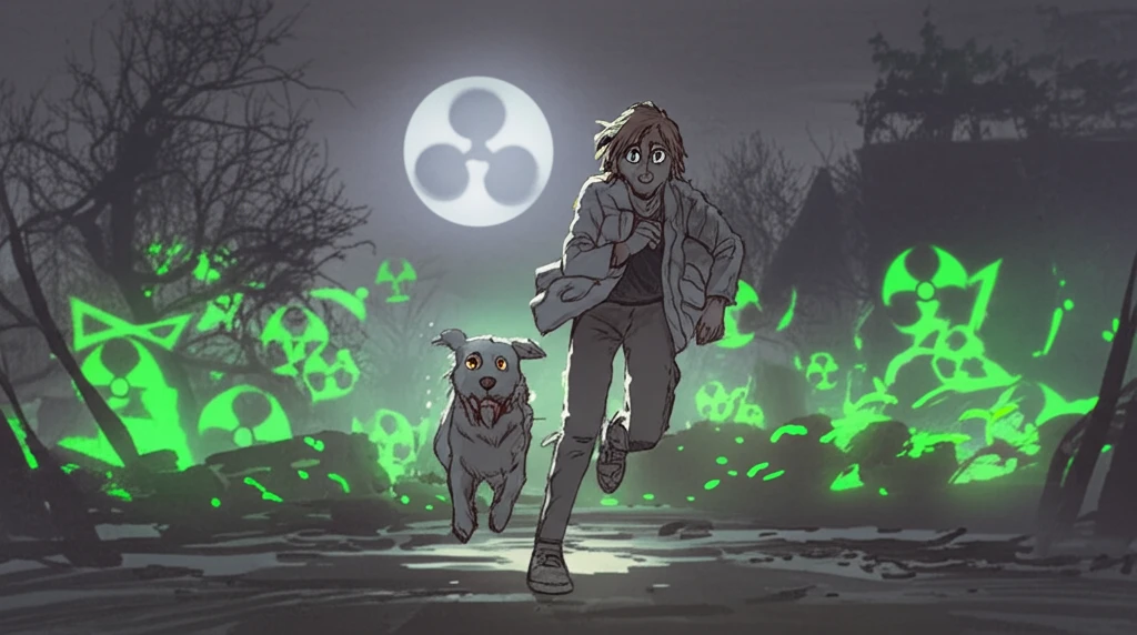 Worried pet owner rushing dog to emergency clinic, with toxic symbols background.