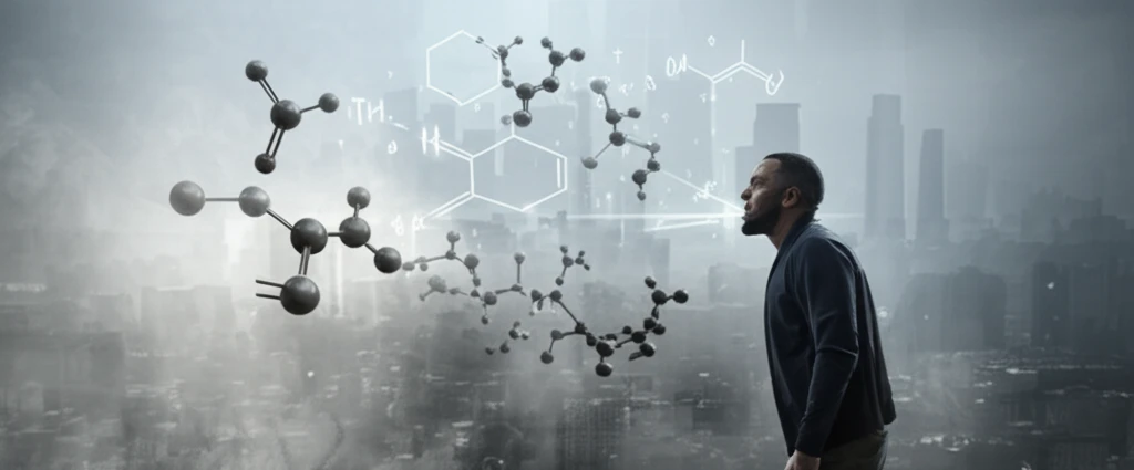 A person struggling to breathe in a polluted city.