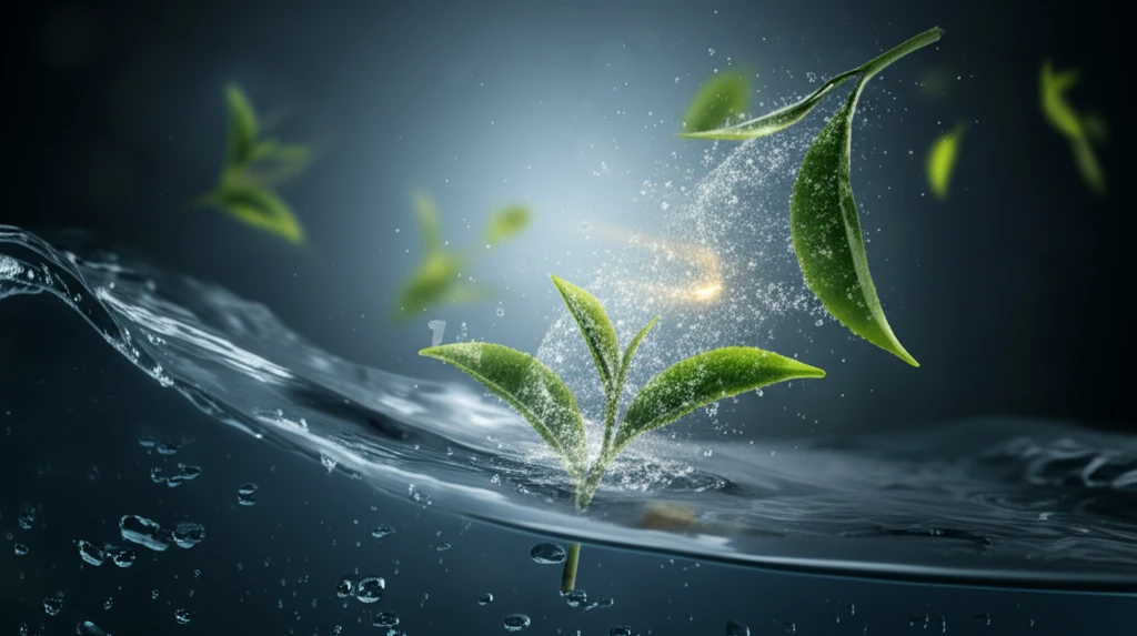 Tea leaves transforming into glowing nanoparticles in water.