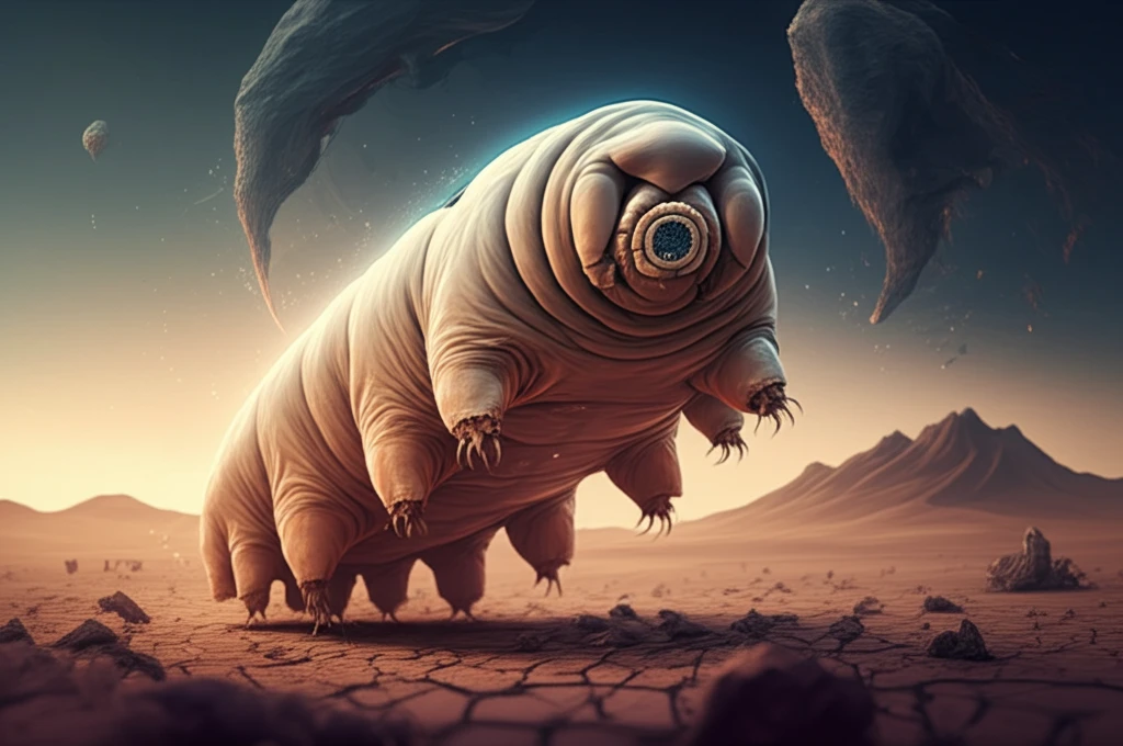 A resilient tardigrade survives in a harsh desert landscape, symbolizing extreme survival.