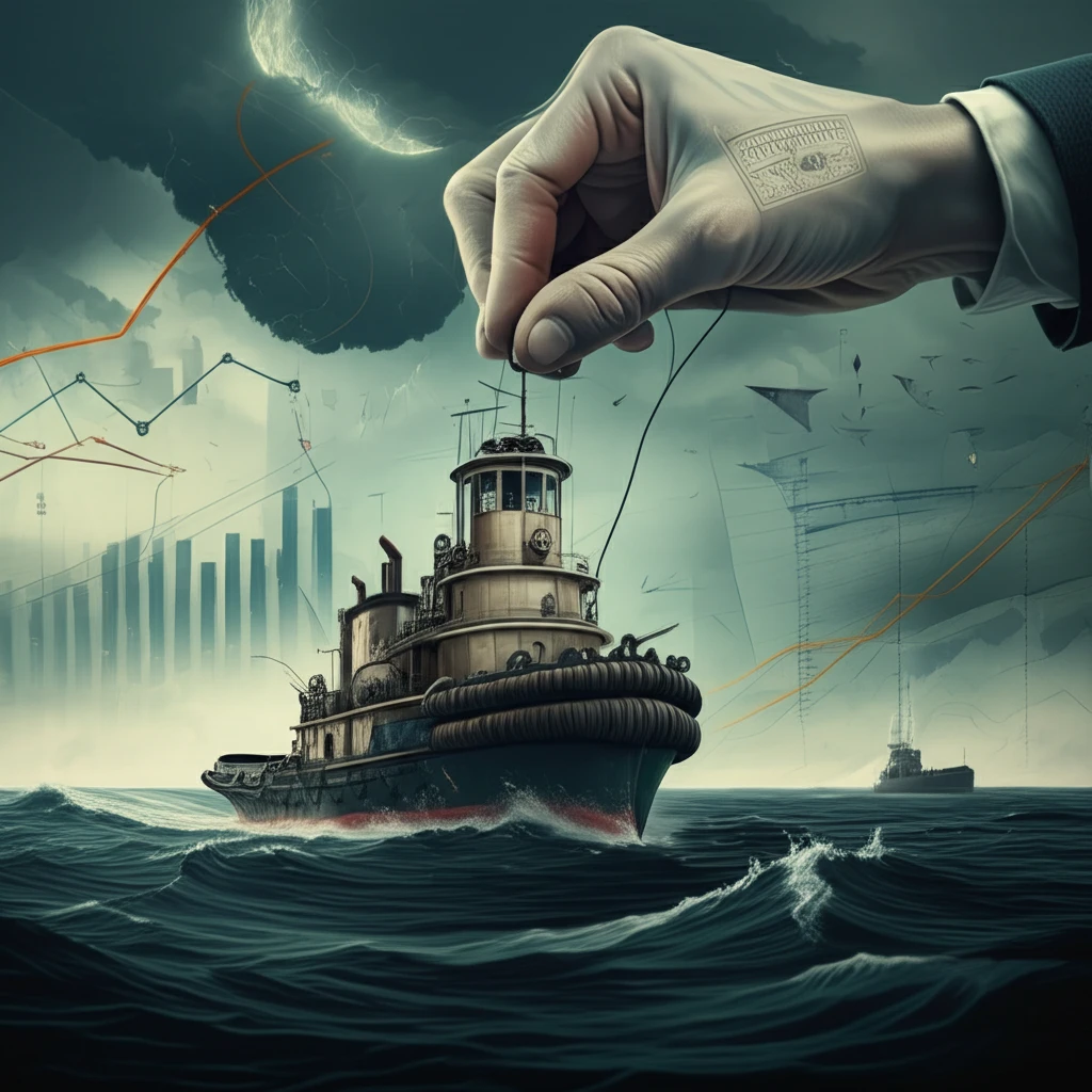 A tugboat navigates a sea of charts, guided by a hand labeled 'Federal Reserve'.