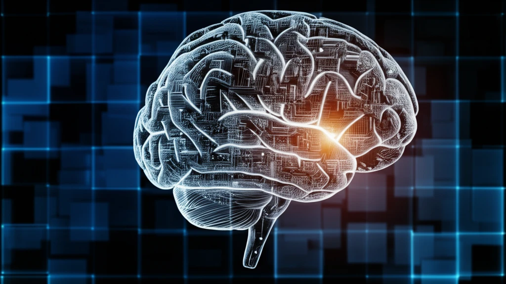 A digital illustration of a brain with circuits, representing neurointervention and science.