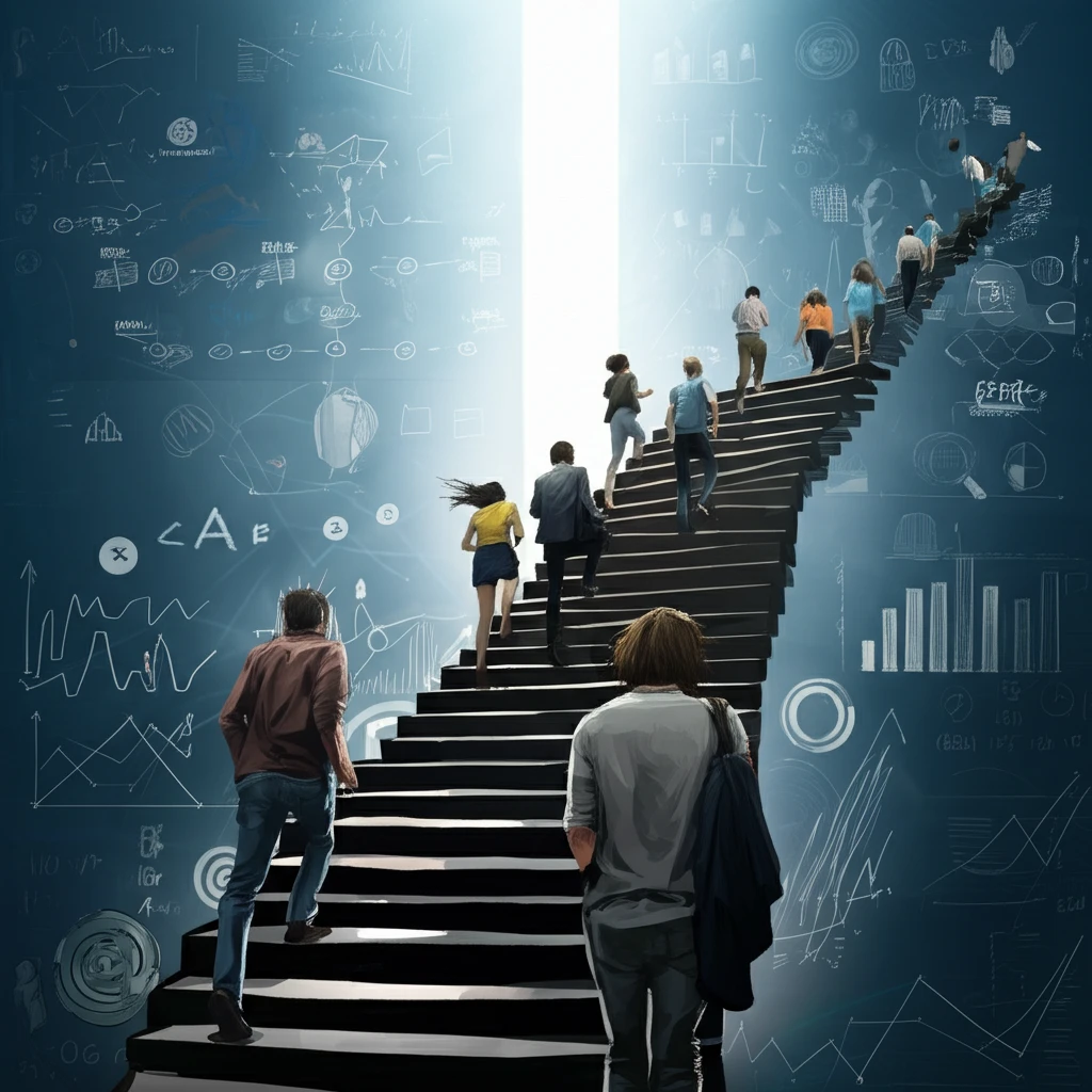Diverse young adults climbing a staircase to success, representing the achievements of second-generation ethnic minorities.
