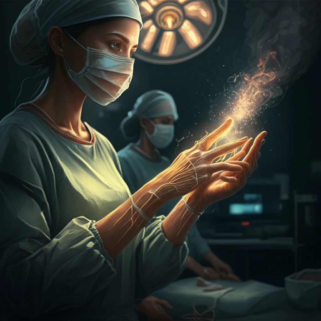 Illustration of a hand with glowing tendons and nerves, representing pain-free hand surgery.