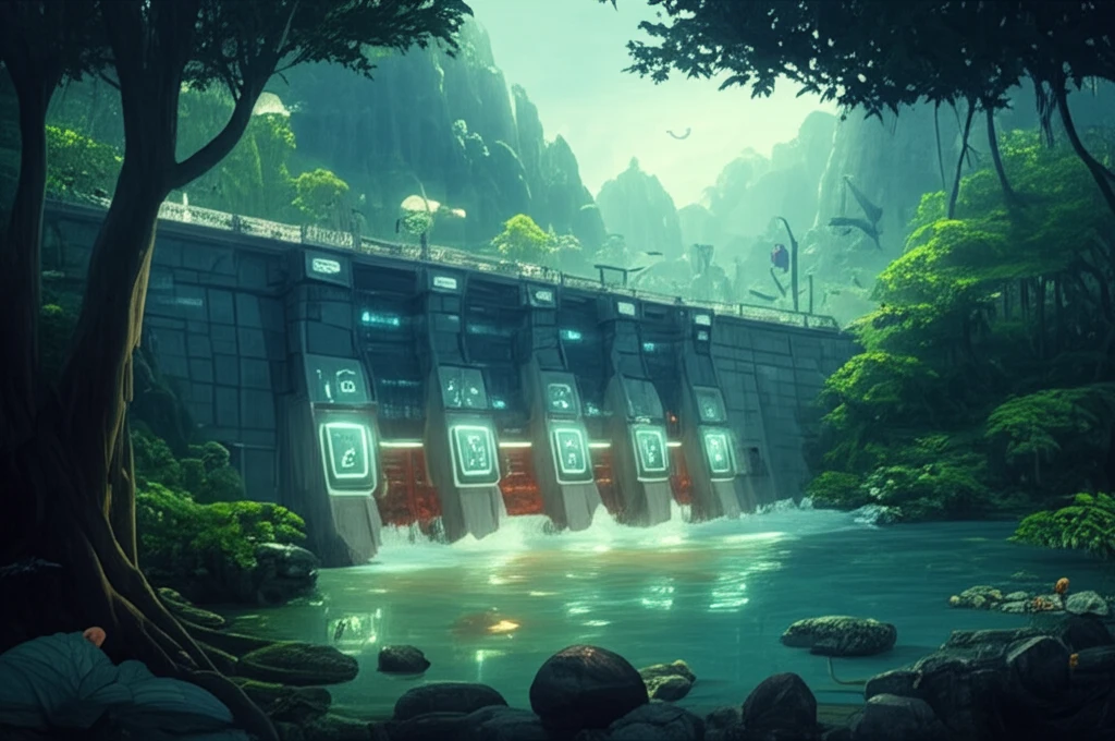 Futuristic hydroelectric dam integrating batteries and ecosystems.