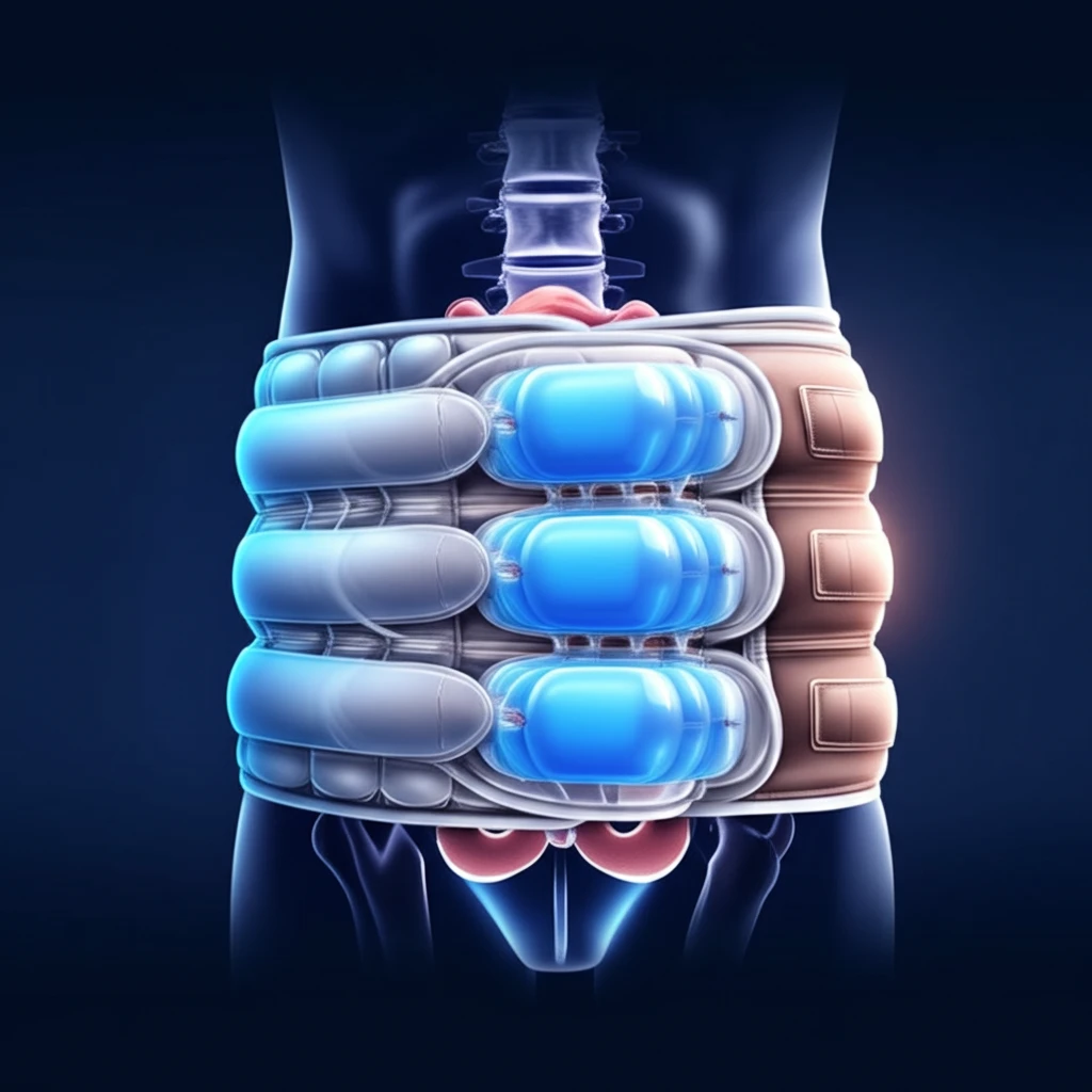 Illustration of an alternating compression binder on a pelvic region, showing pressure relief and continuous support.