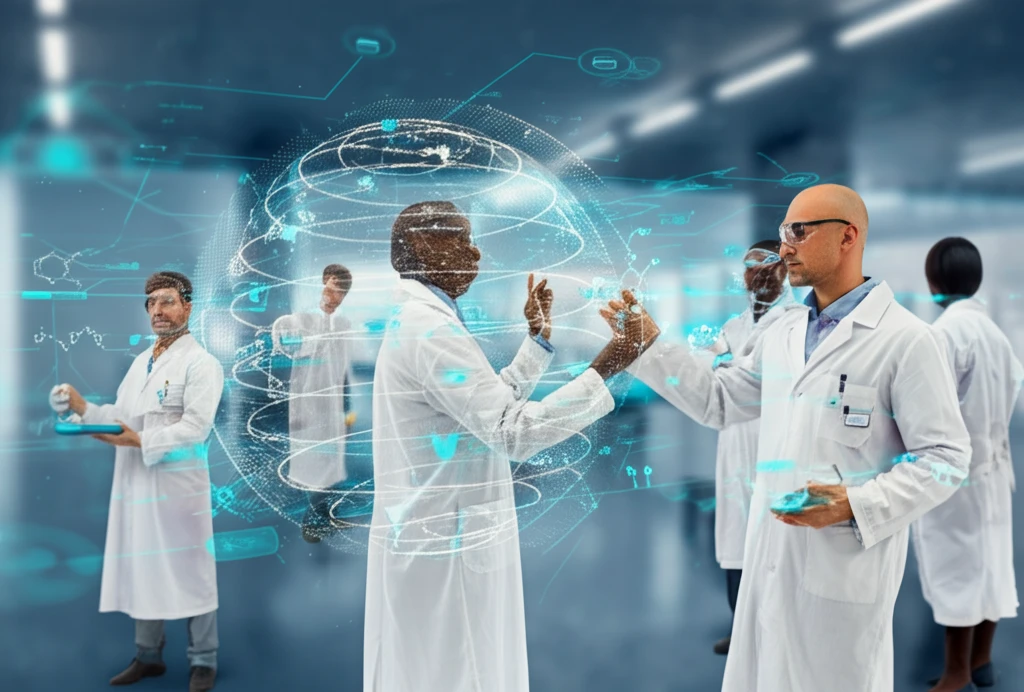 Diverse scientists collaborating at a global scientific conference, surrounded by holographic molecules.