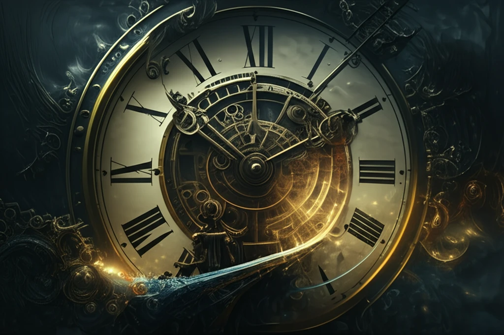 Surreal illustration of hydrological models overshadowed by an antique clock, symbolizing the influence of legacy on scientific modeling.