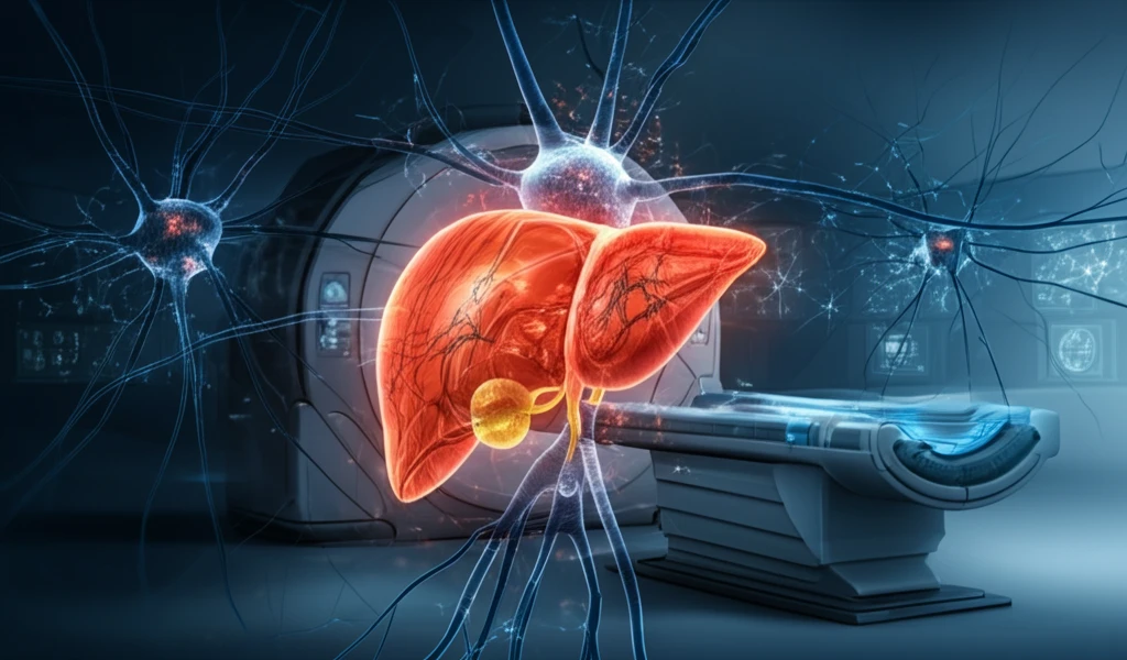 AI-enhanced CT scan of the liver, highlighting the detection of cancerous cells through neural networks.