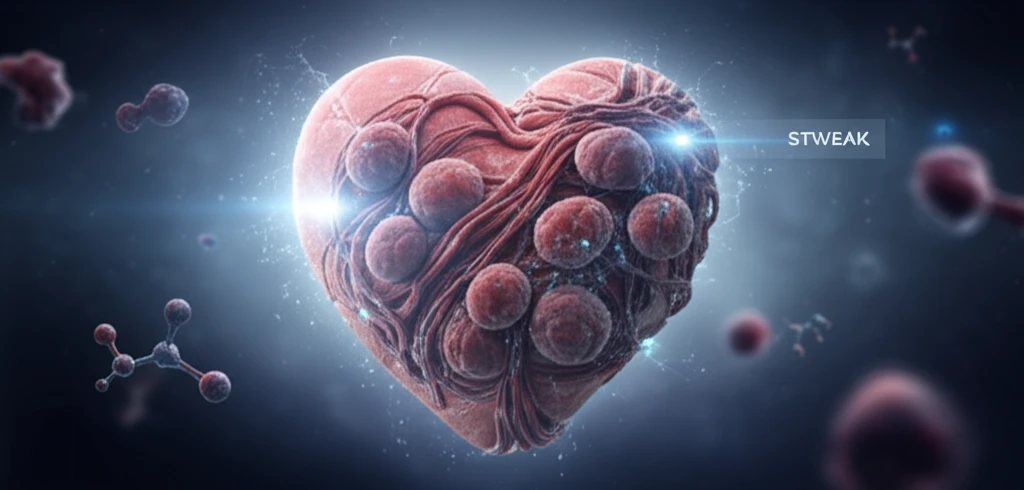 Illustration of a heart intertwined with ovarian cysts, representing the connection between PCOS and cardiovascular health.