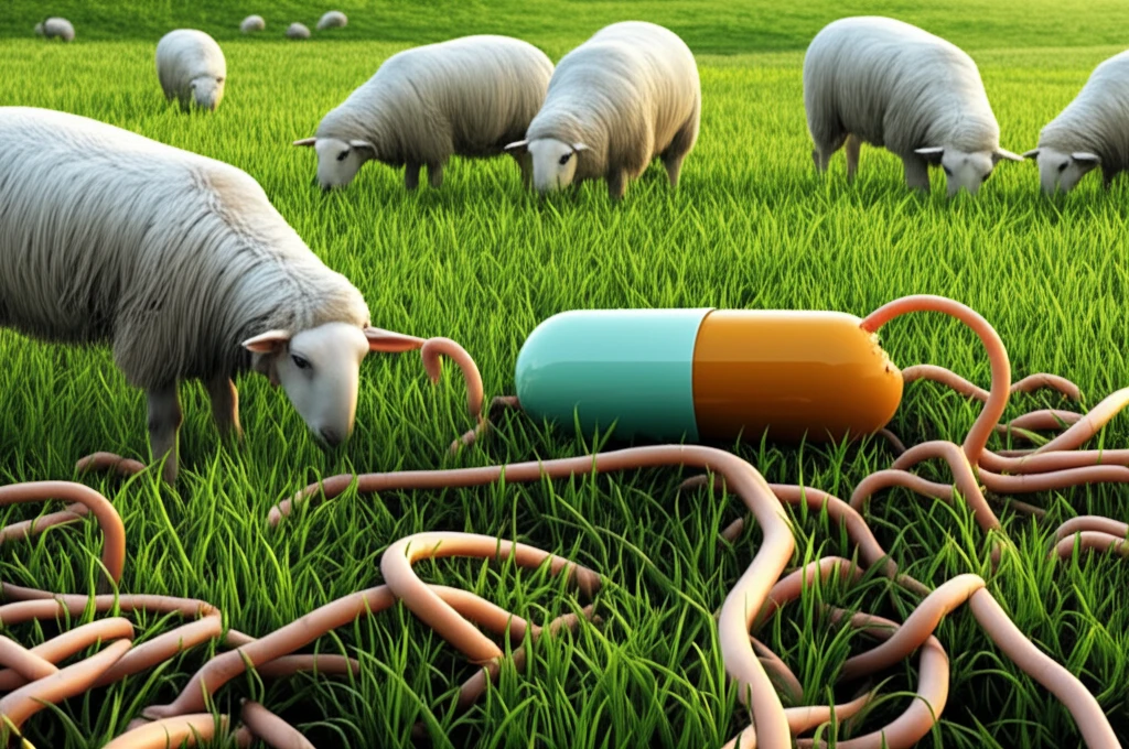 Surreal image of sheep grazing on parasitic worms, symbolizing albendazole resistance.