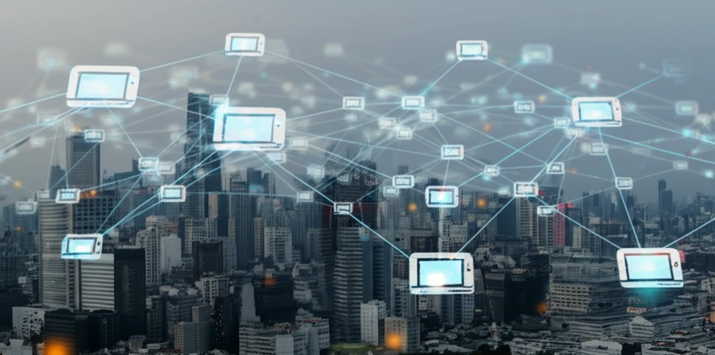 Interconnected glowing nodes representing secure device tracking in a minimalist cityscape.