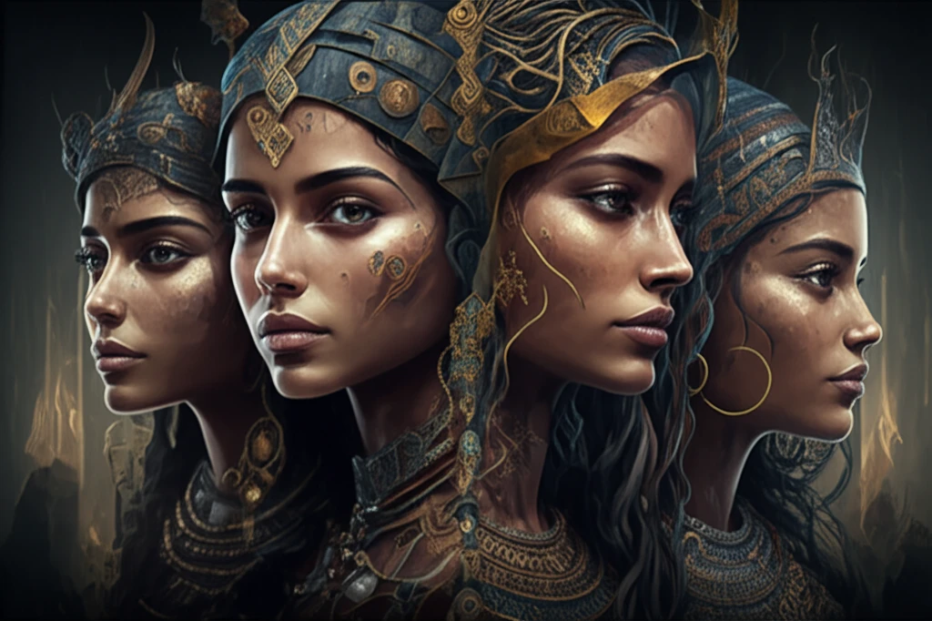 Diverse women from ancient cultures with archaeological symbols.