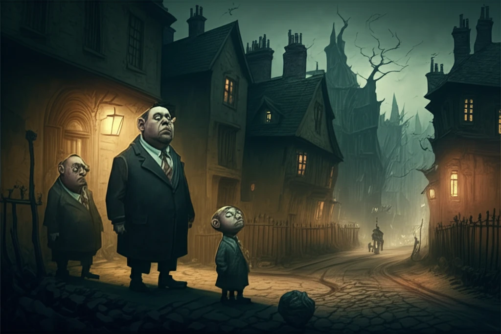 Surreal and unsettling village scene inspired by The League of Gentlemen, symbolizing social anxieties and identity crisis.