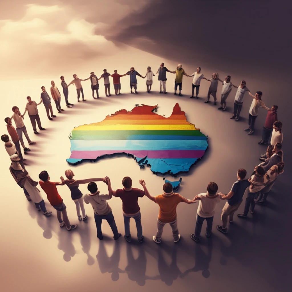 Diverse LGBTQ+ individuals from various cultural backgrounds forming a circle of support around a stylized map of Australia, conveying inclusivity, community, and resilience.