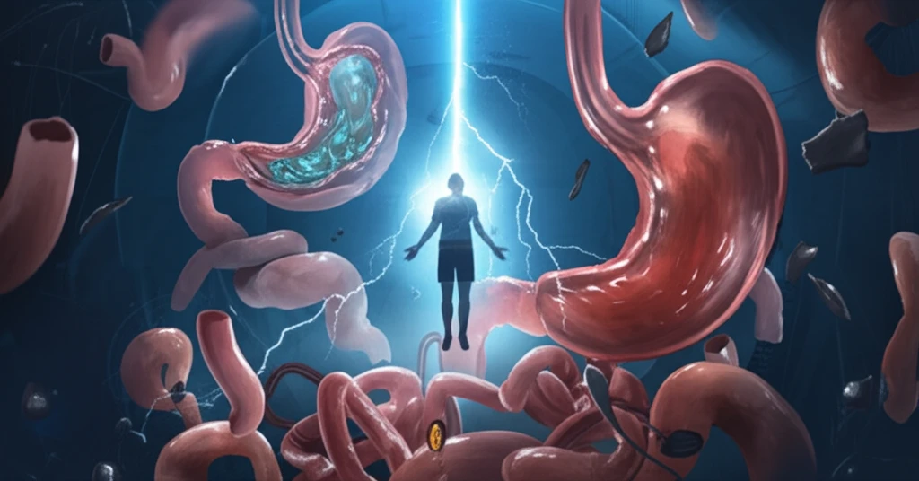 Surreal image of argon light healing interconnected stomachs, symbolizing portal hypertensive gastropathy treatment.