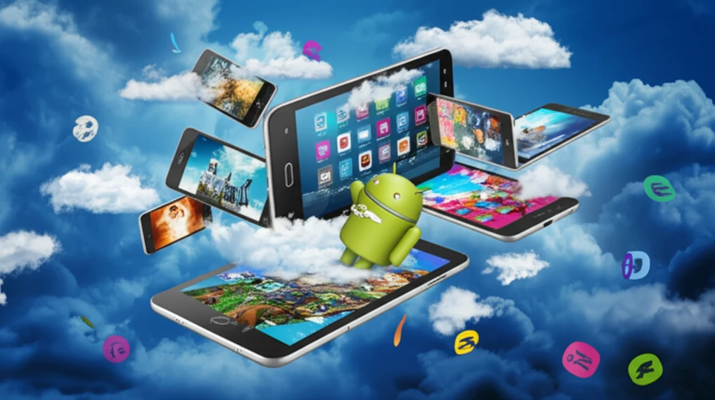 Android devices in a cityscape surrounded by clouds, representing cloud-based app testing.