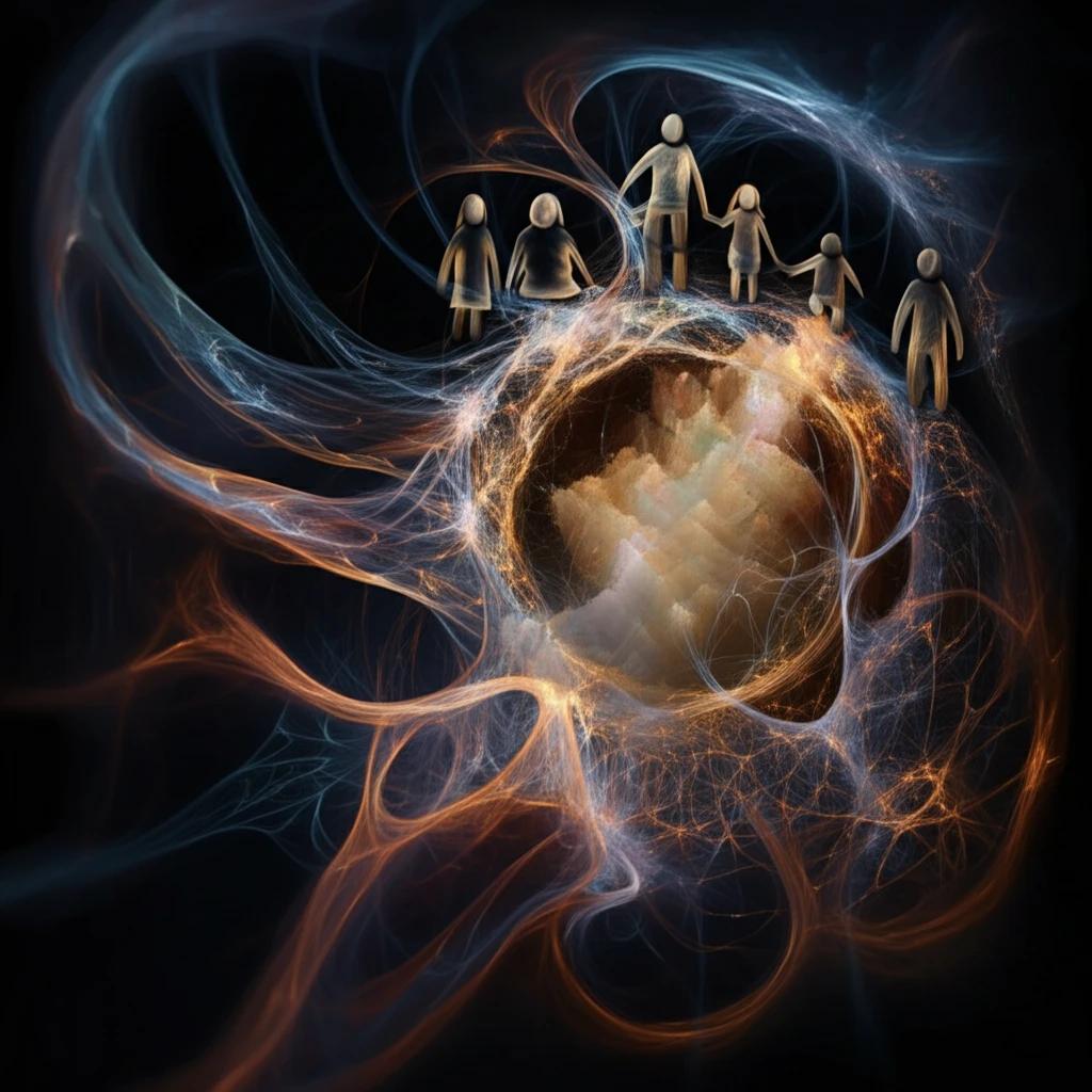 Neural network interwoven with family support, symbolizing hope in Fragile X syndrome treatment.