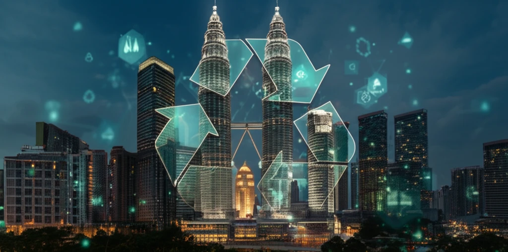 Kuala Lumpur skyline with integrated recycling and green energy symbols