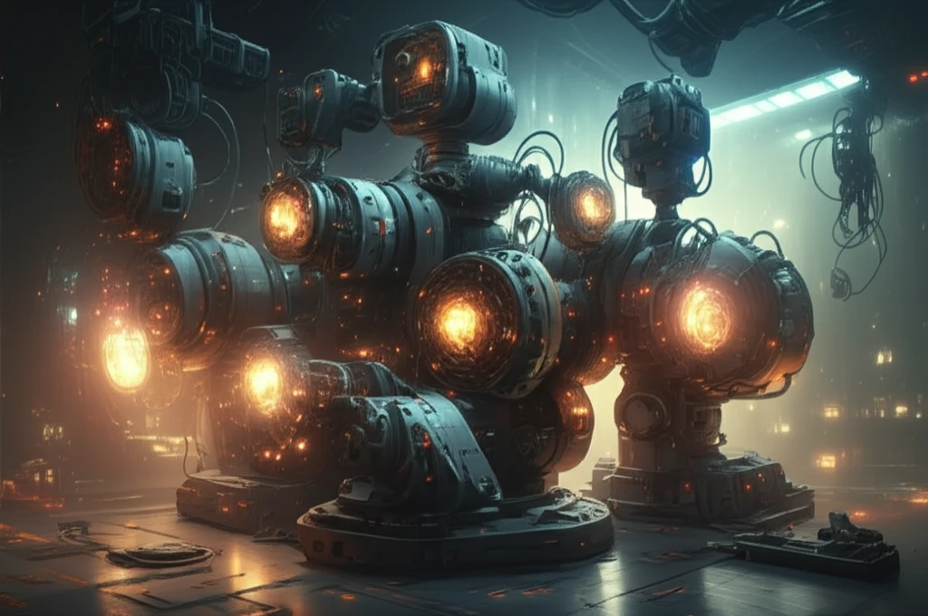 Surreal illustration of a multi-motor servomechanism in a futuristic factory setting.