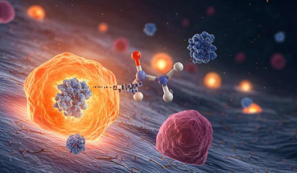 Microscopic view of lung cancer cells being targeted by fluvastatin.