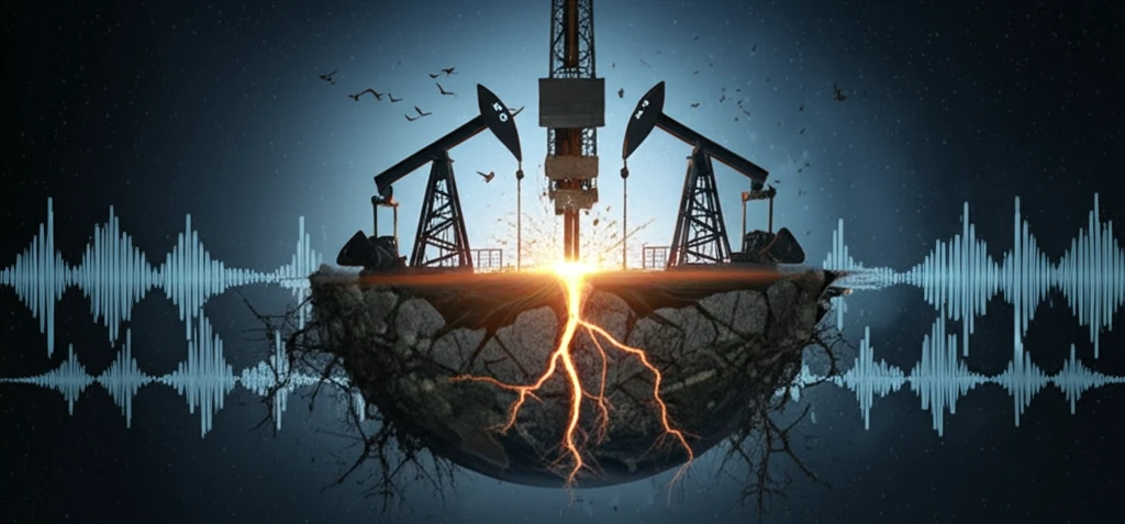 Surreal illustration of fracking's impact on the earth, showing glowing fault lines and seismic activity.