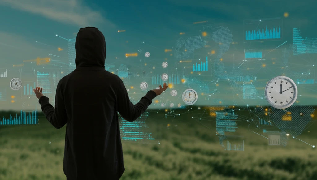 A person surrounded by data points, symbolizing Ecological Momentary Assessment.