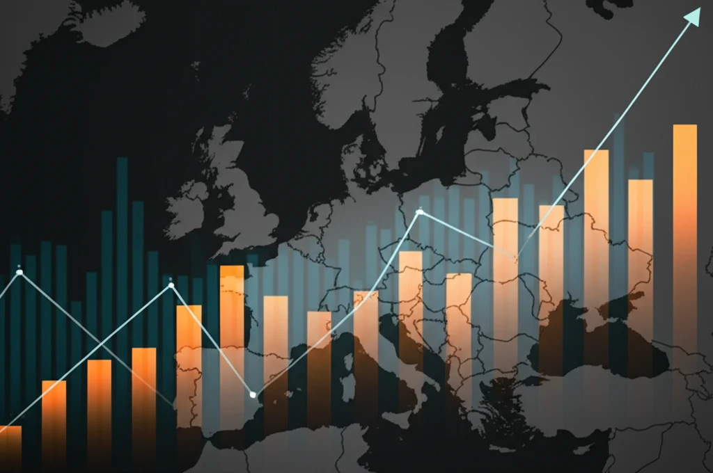 Fluctuating graph merging into a map of Central and Eastern Europe.