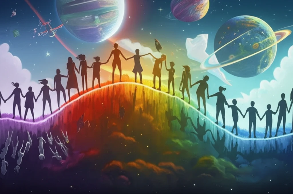 A diverse group forms a rainbow bridge to an inclusive world.
