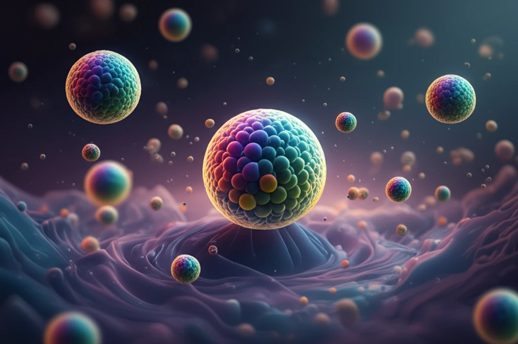 Glowing polymer microspheres releasing particles in a vibrant liquid.
