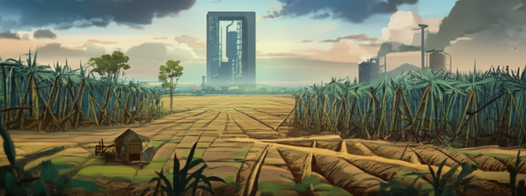 Juxtaposition of a historical sugar plantation and a modern corporate building, symbolizing the connection between historical exploitation and contemporary corporate impacts.